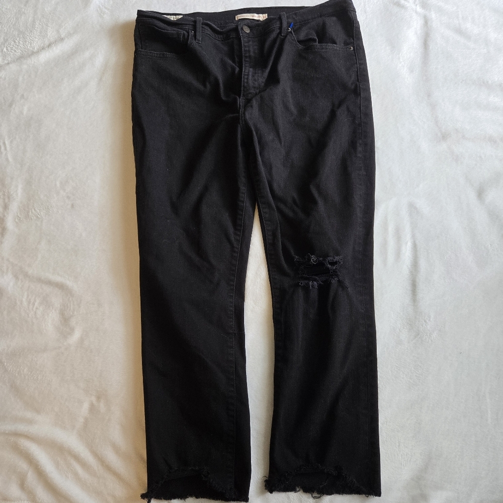 Women's Levis 724 High Rise Straight Crop Black Distressed Jeans Size 33
